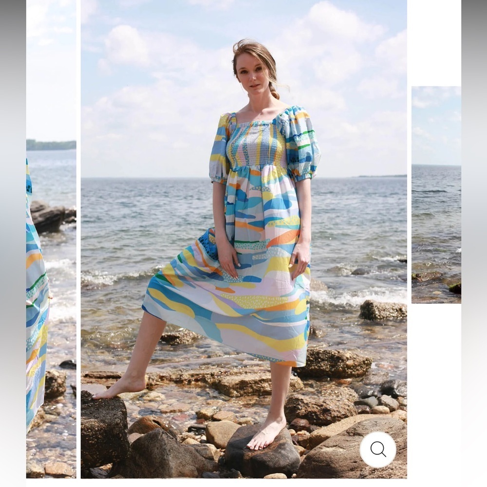 Jessie Zhao Landscape Smocked Cotton Silk Midi Dress